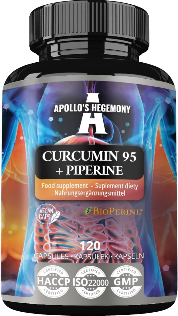 APOLLO 'S HEGEMONY Curcumin 95 + Piperine 302mg per kapsel, høj styrke gurkemeje rod ekstrakt 95%, 120 Vegan kapsler, 4 Måneder Tilgang, for optimal fordøjelse og forbedret absorption