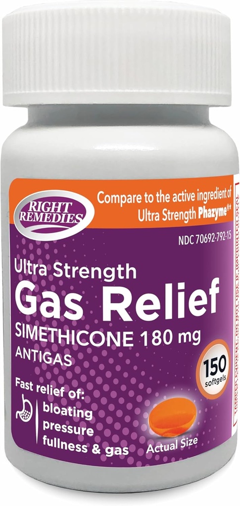 Gas Relief Ultra Strength, 180 mg Simeticone (150 Softgel) Fast Relief fra Gas, Bloating, Fullness, Smertefuld ubehag, Sammenlign med Ultra Strength Phazyme Active Ingredient