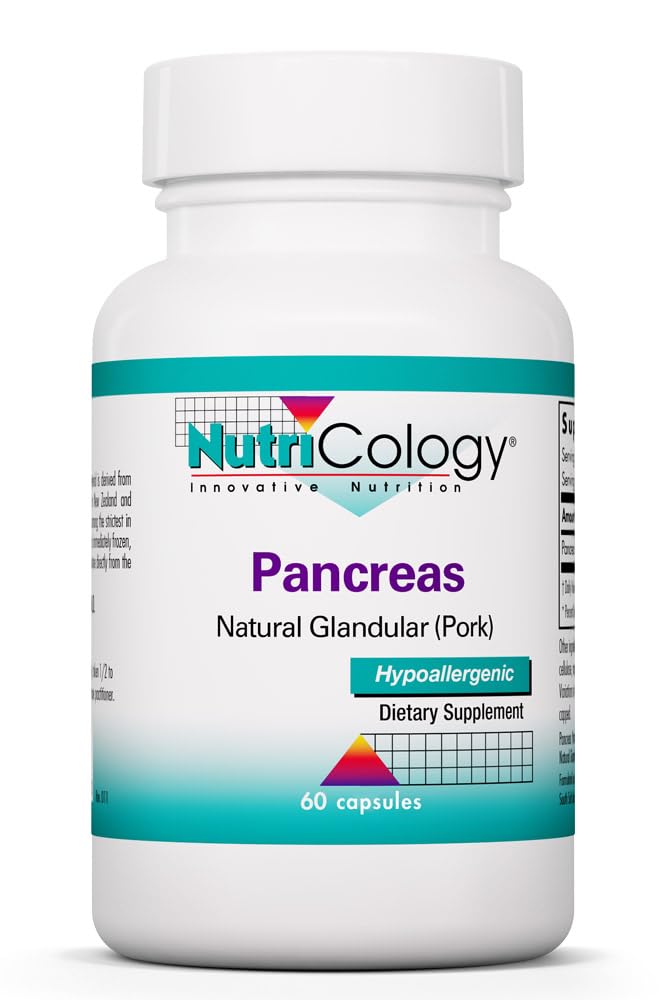 Nutricology Pancreas Pork 425mg Supplement - Pancreas Natural Glandular, Pancreatic Enzymes, Amylase, Protease, Lipase, Hypoallergen - 60 Tælling