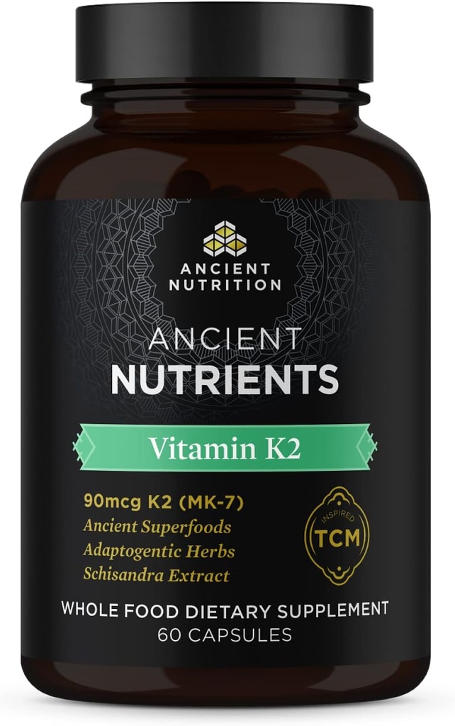 Ancient Nutrition Vitamin K2 Supplement, K2- 90mcg K2, Adaptogene urter, Enzyme aktiveret, Understøtter kardiovaskulær funktion, Paleo & Keto Friendly, 60 kapsler