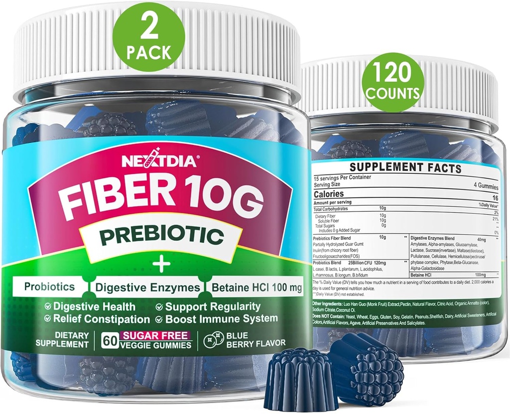 Fiber Gummies for voksne, Sugar Free 10g Prebiotic Fiber tillæg med fordøjelsesenzymer, Probiotika & 100mg betain for fordøjelse & Gut Sundhed og Regulere tarmbevægelse, Vegan, Gelatine Free, 120ct