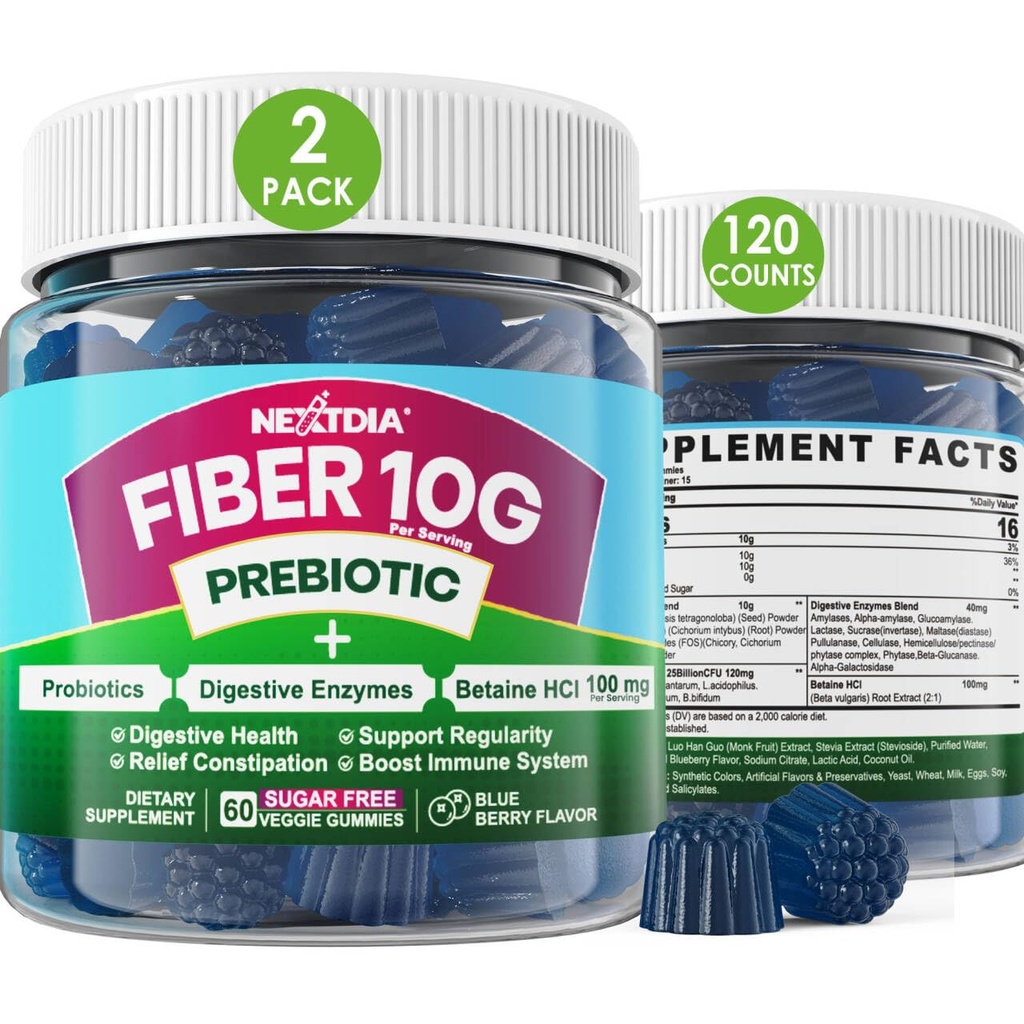 Fiber Gummies for voksne, Sugar Free 10g Prebiotic Fiber tillæg med fordøjelsesenzymer, Probiotika & 100mg betain for fordøjelse & Gut Sundhed og Regulere tarmbevægelse, Vegan, Gelatine Free, 120ct