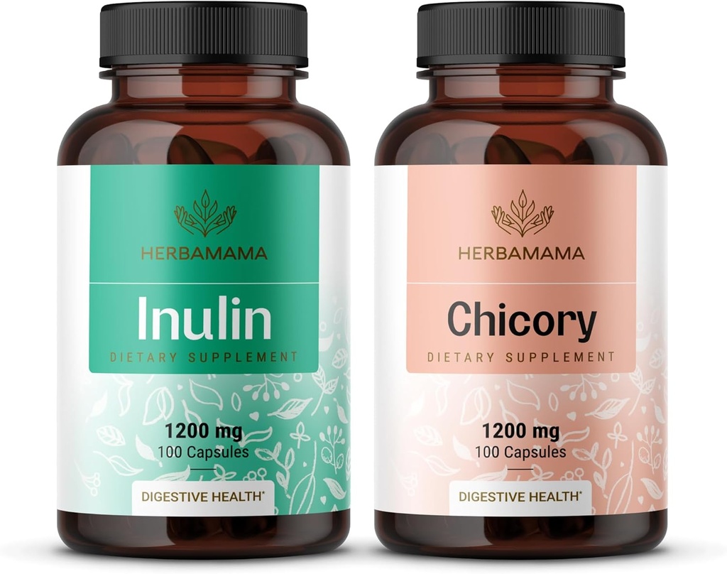 HERBAMAMA Inulin and Chicory Kit - Bundle of 1200 mg Inulin Fiber & 1200 mg Chicory Root Capsules - Vegan, Non- GMO, Gelatinl- Free - 2 Pack