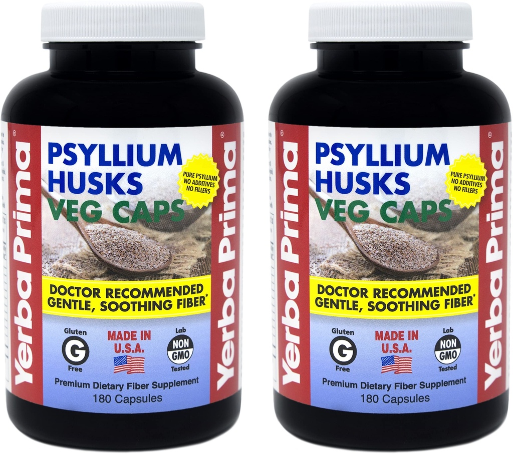 Yerba Prima Psyllium Husks Veg Caps - 180 Count (2 Pack) (625mg) - Vegan, Non- GMO, Gluten Free, Colon Cleanser, Daily Fiber Supplement for Gut Health & Regularity