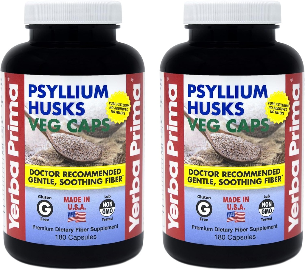 Yerba Prima Psyllium Husks Veg Caps - 180 Count (2 Pack) (625mg) - Vegan, Non- GMO, Gluten Free, Colon Cleanser, Daily Fiber Supplement for Gut Health & Regularity