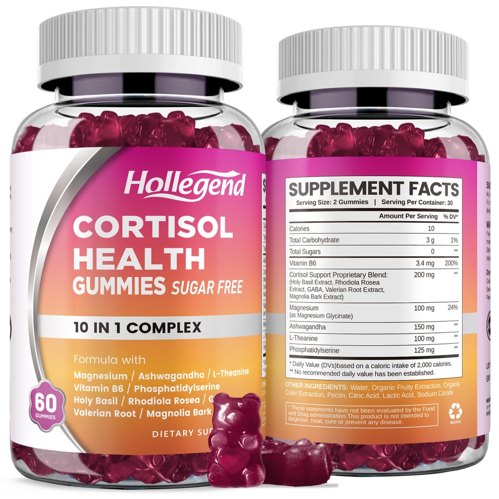 Cortisol Kosttilskud til kvinder Mænd, Cortisol Gummies med Ashwagandha, Magnesium, L- Theanine, Phosphatidylserin, B6 til Cortisol Detox, Afslapning, Sleep, Focus, Sugar- Free, Vegan, 120