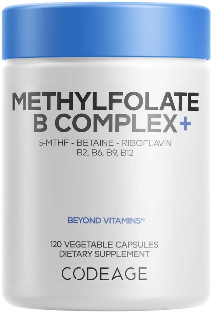 Kodeagemethylfolat B Kompleks tillæg - 5 MTHF, Methylcobalamin 1000mcg Metyleret vitamin B12, Riboflavin, betain, vitaminer B6, methylering cyklus MTHFR - 2 måneder - 120 kapsler