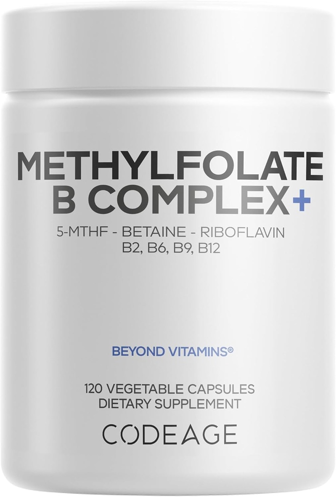 Kodeagemethylfolat B Kompleks tillæg - 5 MTHF, Methylcobalamin 1000mcg Metyleret vitamin B12, Riboflavin, betain, vitaminer B6, methylering cyklus MTHFR - 2 måneder - 120 kapsler
