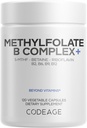 Kodeagemethylfolat B Kompleks tillæg - 5 MTHF, Methylcobalamin 1000mcg Metyleret vitamin B12, Riboflavin, betain, vitaminer B6, methylering cyklus MTHFR - 2 måneder - 120 kapsler