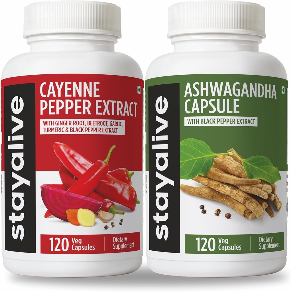 Stay ALIVE Cayenne og Ashwagandha Bundle w / Black Pepper Extract Kapsler, 240 Vegan piller, Non- GMO & Gluten Free Ashwagandha Cayenne Pepper Supplement