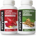 Stay ALIVE Cayenne og Ashwagandha Bundle w / Black Pepper Extract Kapsler, 240 Vegan piller, Non- GMO & Gluten Free Ashwagandha Cayenne Pepper Supplement