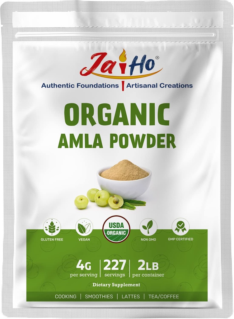 Jai Ho Organic Amla Berry Powder (Amalaki), 2 LB - Rich in Antioxidant Vitamin C124; Understøtter ImmunityGluten Gratis, Vegan, Non- GMO - Resealable Zip Lock Pouch