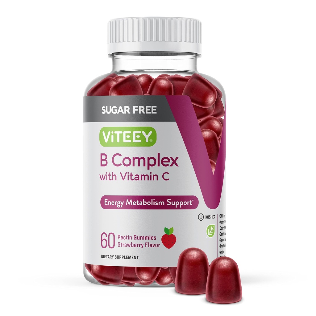 VITEEY vitamin B Complex gummies with Vitamin C, Sugar Free - Energy, Metabolisme & Nerve Health - B6, B12, Folsyre, Biotin - Vegan, Gelatine Free, GMO Free - Tasty Chewable Strawberry Flavored Gummy
