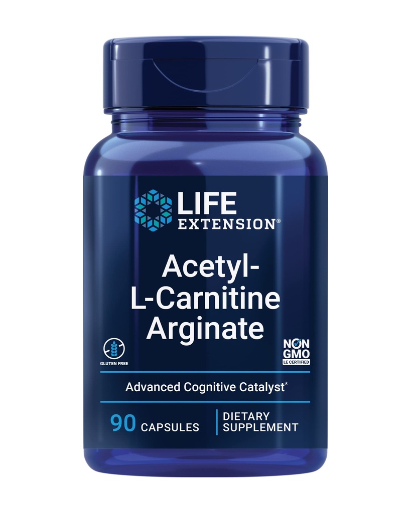 Life Extension Acetyl- L- Carnitin Arginate, Advanced Brain & Nerve Health, Cellular Energy Support, Gluten- Free, Non- GMO, 90 kapsler