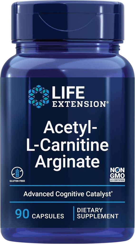 Life Extension Acetyl- L- Carnitin Arginate, Advanced Brain & Nerve Health, Cellular Energy Support, Gluten- Free, Non- GMO, 90 kapsler