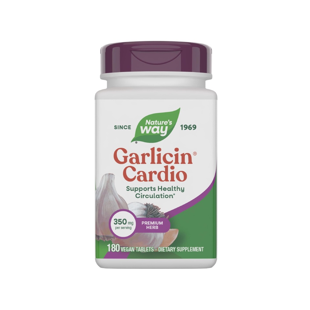 Nature 's Way Garlicin Cardio, Premium Herbal, Understøtter sund cirkulation *, Ingen hvidløg smag, Vegansk hvidløg Kosttilskud, 180 tabletter (Packaging May Vary)