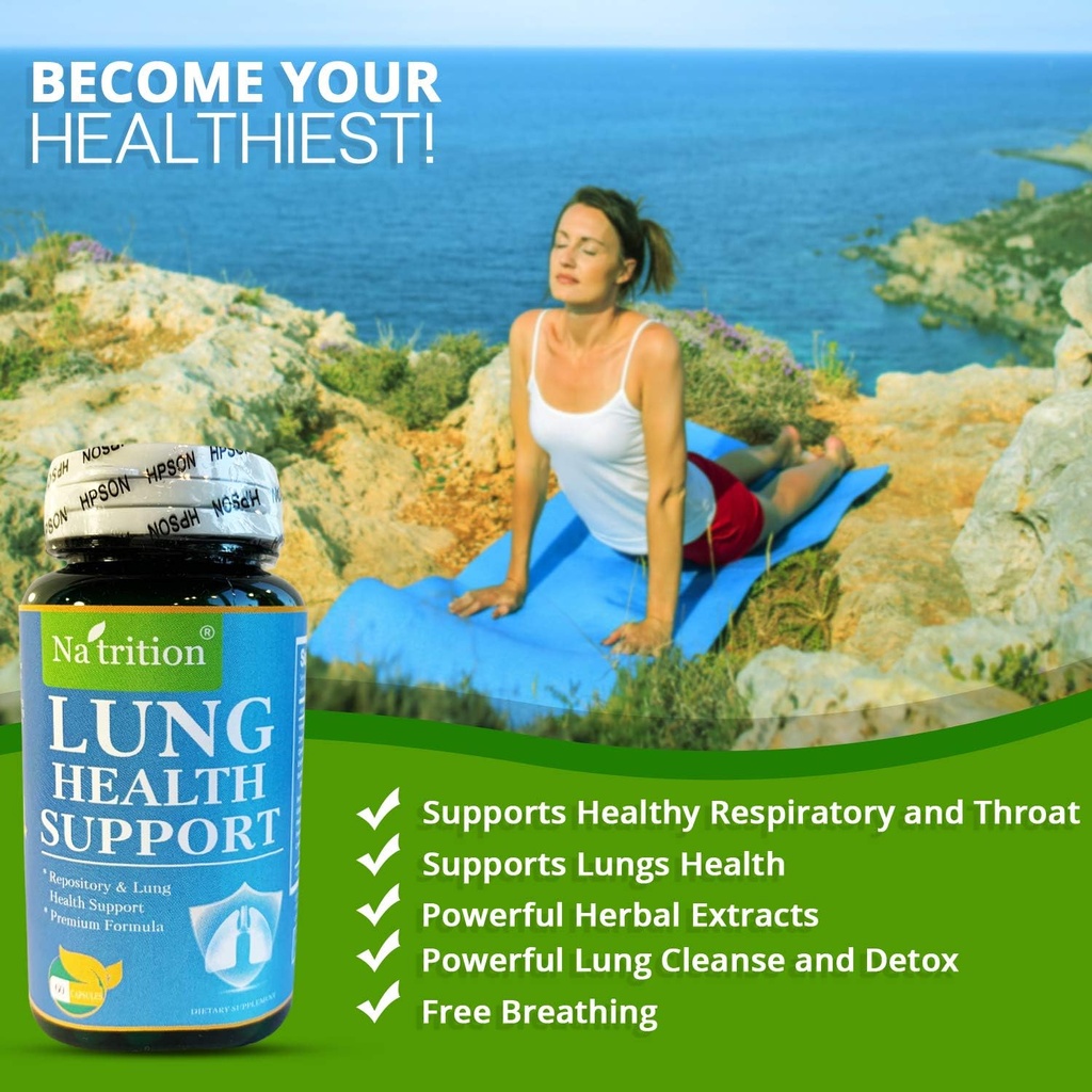 Na 'trition NATRITION Lung Support - Lung Health Natural Supplement for mænd og kvinder - bedre lunger supplement med C-vitamin, zink, Quercetin og ingefær pulver - 60 kapsler