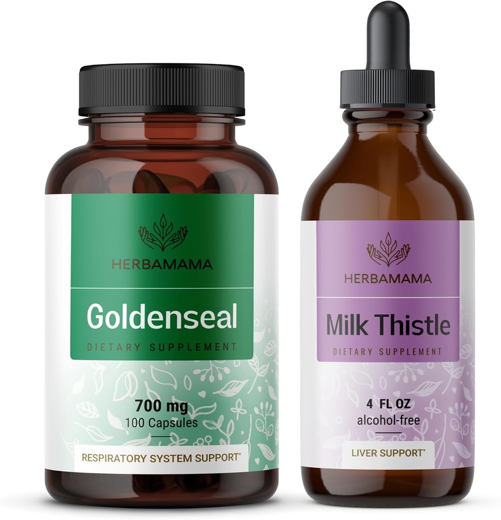 HERBAMAMA Goldenseal and Milk Thistle Kit - Bundle of 700 mg Goldenseal Root Capsules and Milk Thistle Tincture 2 fl oz - Vegan, Non- GMO, Sugar & Alcohol- Free - 2 Pack