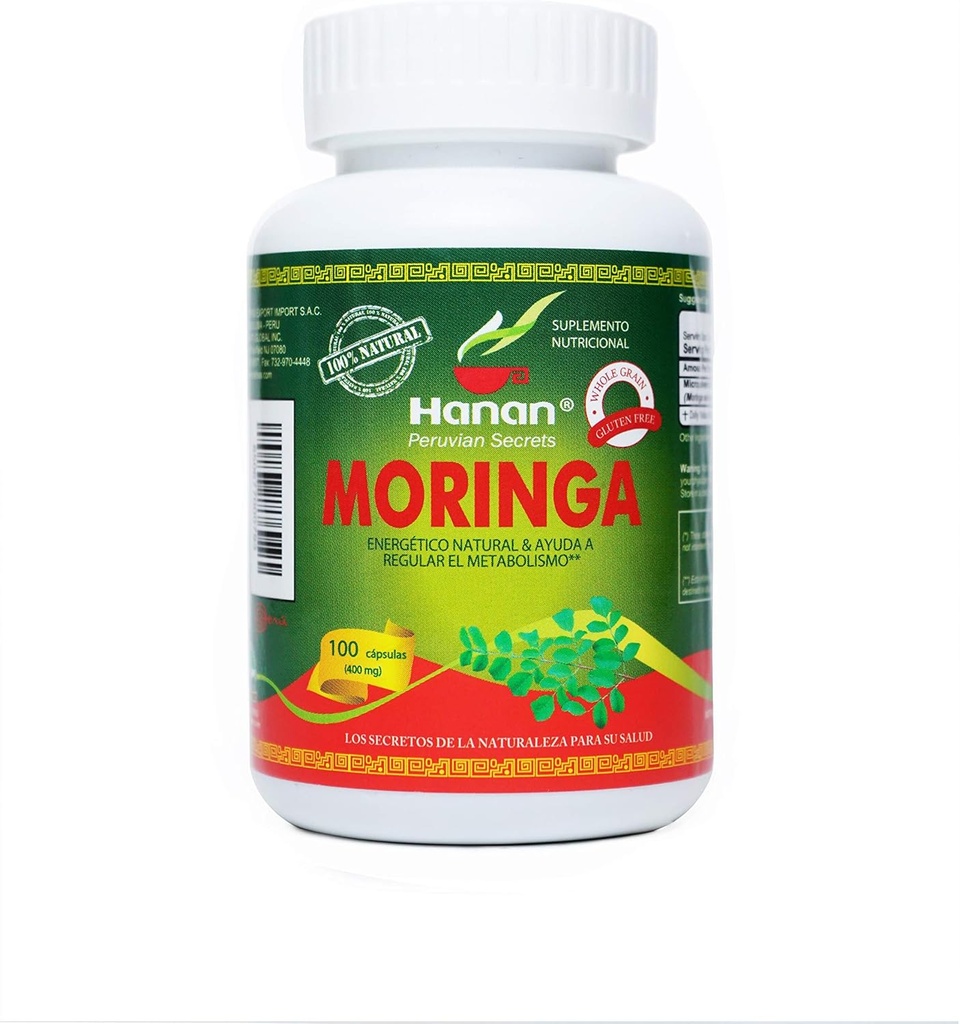 Hanan Moringa Superfood Powder Capsules 100 ct. Pure Moringa oleifera Lam fra Peru