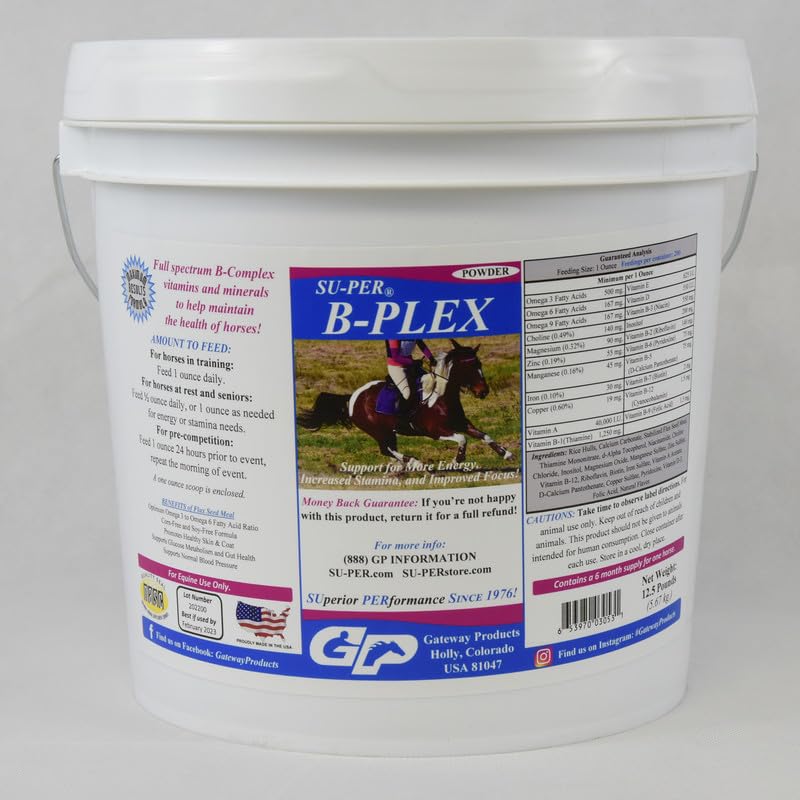 SU- PER B- Plex Powder Equine Vitaminer - Complete B- Complex Horse Vitaminer og mineraler Supplement - Sunde køer, røde blodceller, Horse Calming Powder - 12,5 Pounds, 6 Måned Supply (180 dage)