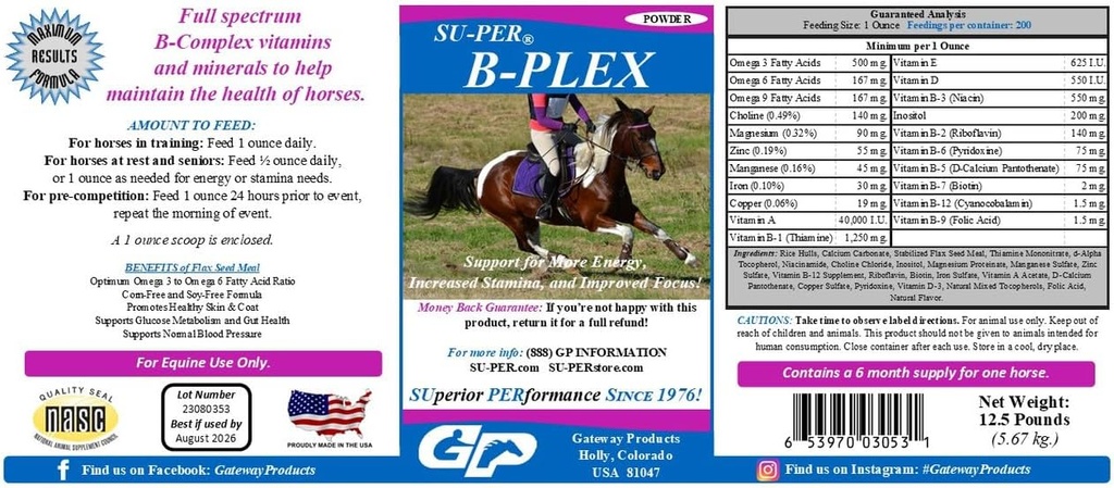 SU- PER B- Plex Powder Equine Vitaminer - Complete B- Complex Horse Vitaminer og mineraler Supplement - Sunde køer, røde blodceller, Horse Calming Powder - 12,5 Pounds, 6 Måned Supply (180 dage)