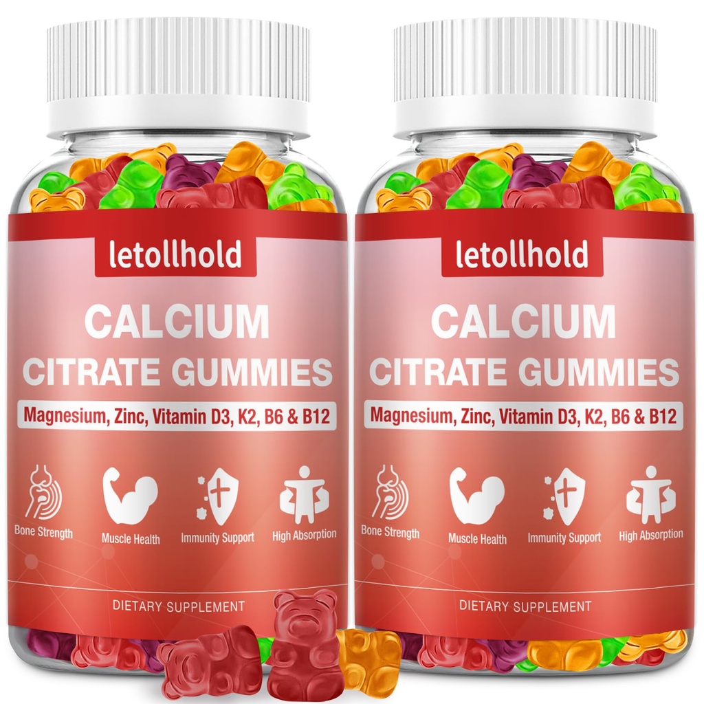 Calcium Citrate Gummies - 1200mg Calcium Gummies med Magnesium Zink Vitamin D3, K2, B6, B12 for ben, Muskel, Joints, immunforsvar, Høj Absorption Calciumtilskud til kvinder og mænd 2 pakker