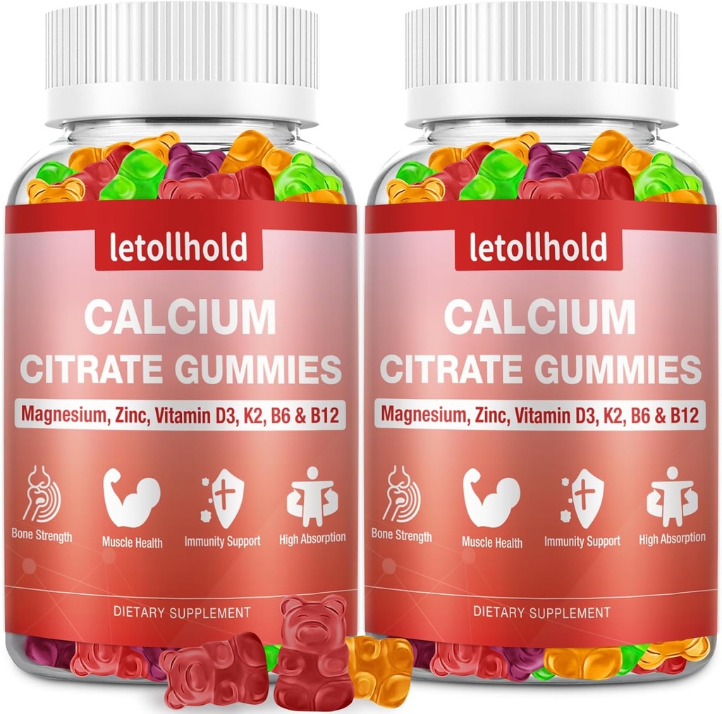 Calcium Citrate Gummies - 1200mg Calcium Gummies med Magnesium Zink Vitamin D3, K2, B6, B12 for ben, Muskel, Joints, immunforsvar, Høj Absorption Calciumtilskud til kvinder og mænd 2 pakker