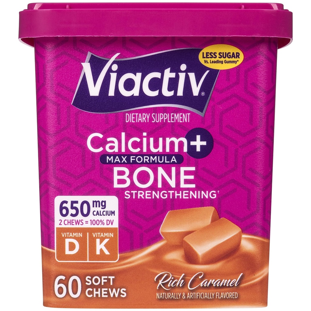 Viactiv Calcium + Vitamin D Supplement Soft Chews for Women & Men - Chewable Calcium for Bone Health Support, 650 mg per Serving, Vitamin D & K for High Absorption - 60 Count, Caramel