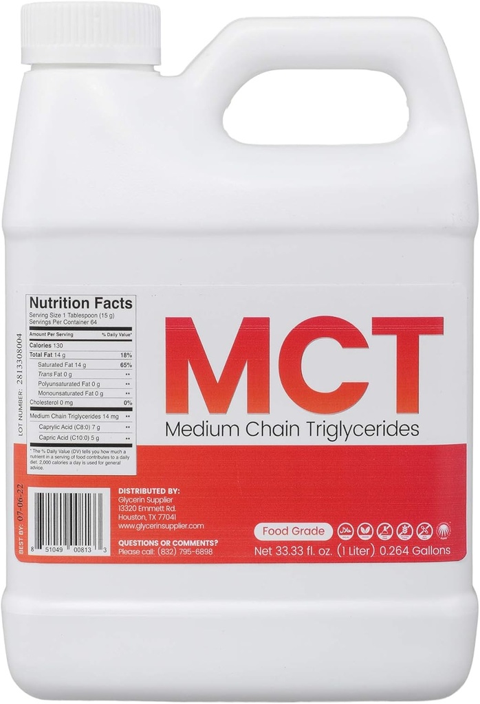 Glycerin Leverandør MCT Oil - 1 Liter (33.33 Oz.) Food Grade - Non GMO - Halal - Vegan - Sustainable Palm Derived - for Tinctures, Sports Nutrition, Keto eller Paleo Diet, Clean Energy
