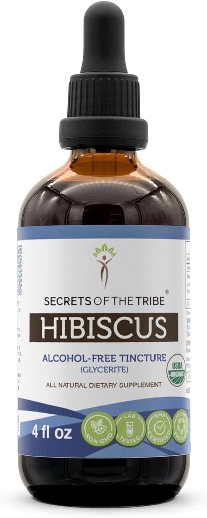 Hemmeligheder af Tribe Hibiscus Tincture Alkohol- Free Liquid Extract, USDA Organic Hibiscus Sabdariffa Tørret blomst (4 FL OZ)