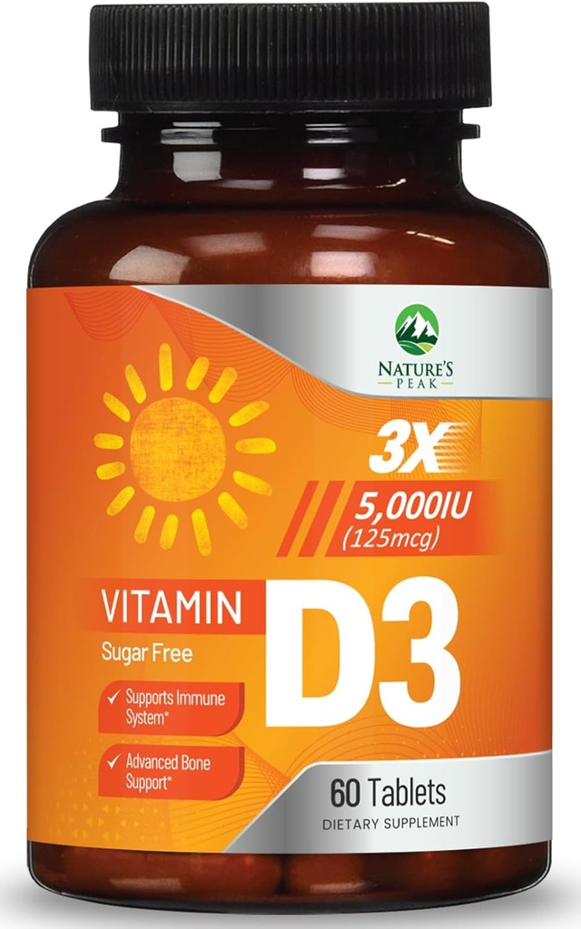 Vitamin D3 5000iu (125 mcg) immunforsvar - høj potens D-vitamin Kosttilskud til ben, tænder, muskel - Nature 's VIT D, Vegan, Gluten Free, Raspberry Flavor - 60 tyggetabletter
