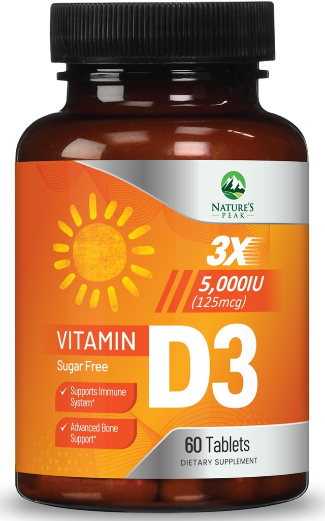 Vitamin D3 5000iu (125 mcg) immunforsvar - høj potens D-vitamin Kosttilskud til ben, tænder, muskel - Nature 's VIT D, Vegan, Gluten Free, Raspberry Flavor - 60 tyggetabletter
