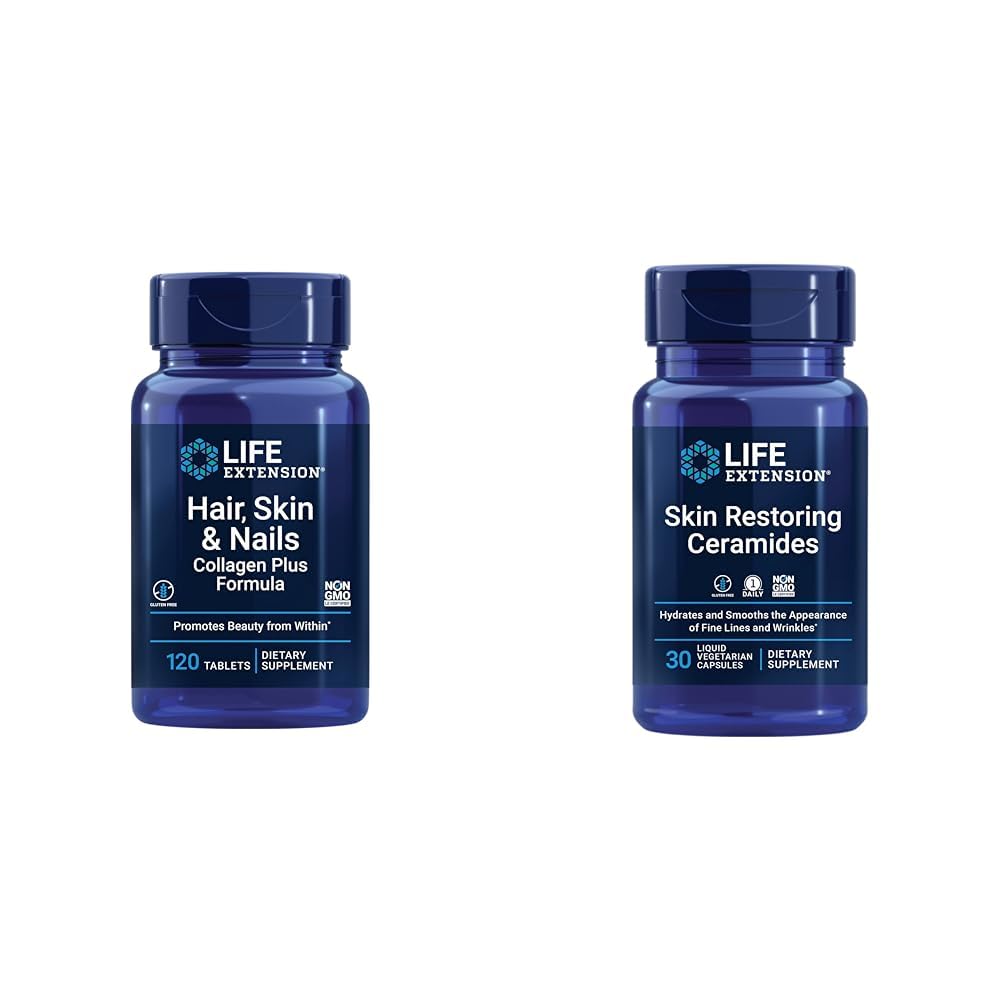 Life Extension Hår, Hud & Nails Collagen Plus Formel 120 Grev & Hud Gendannelse Ceramider 30 Flydende vegetariske kapsler
