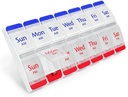 EZY DOSE trykknap (7-dag) Pill Case, Medicine Planner, Daily Vitamin Organizer, 2 gange om dagen AM / PM, Store afdelinger, Gigt Friendly, Let at bruge, Clear Lids, Red / Blue, BPA Free