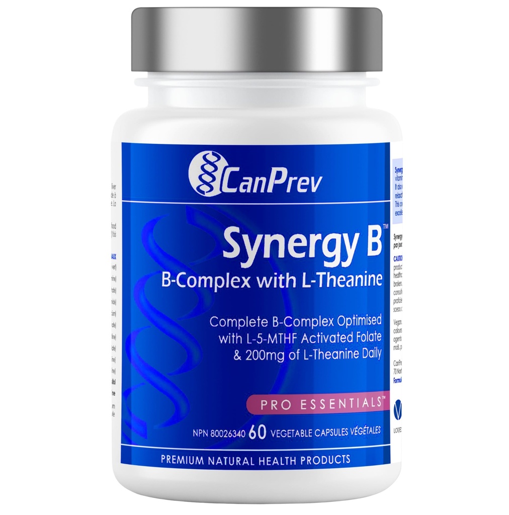 CanPrev Synergy B Kompleks med L- Theanine 60 kapsler 30- Day Supply - Promote Mental Afslapning, Forbedre energi, Kognitiv Klarhed og Support Body & Mind - Vegan, Non- GMO og Gluten- Free