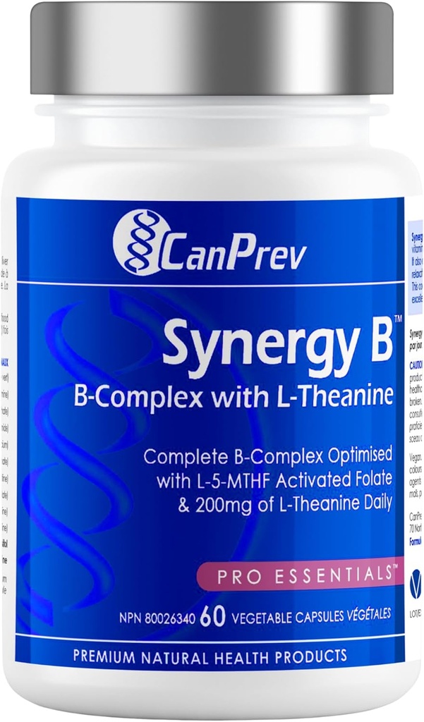 CanPrev Synergy B Kompleks med L- Theanine 60 kapsler 30- Day Supply - Promote Mental Afslapning, Forbedre energi, Kognitiv Klarhed og Support Body & Mind - Vegan, Non- GMO og Gluten- Free