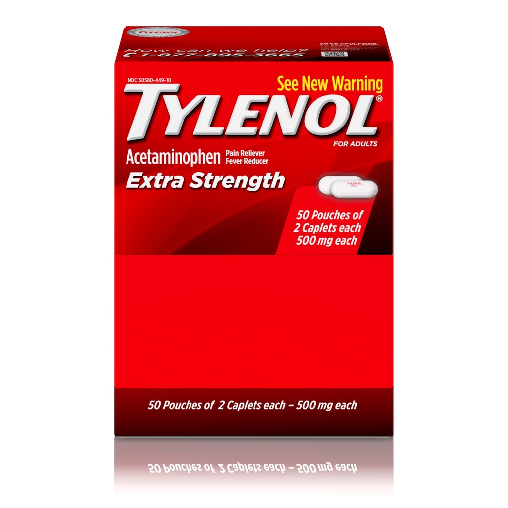 Tylenol Ekstra Styrke Acetaminophen Caplets, 500 mg, Pain Relief & Fever Reducer for hovedpine, Backache, Tandpine, Menstruelle kramper & smerter, Travel- Friendly Packaging, 2-Caplet Pouches, 50 Greve