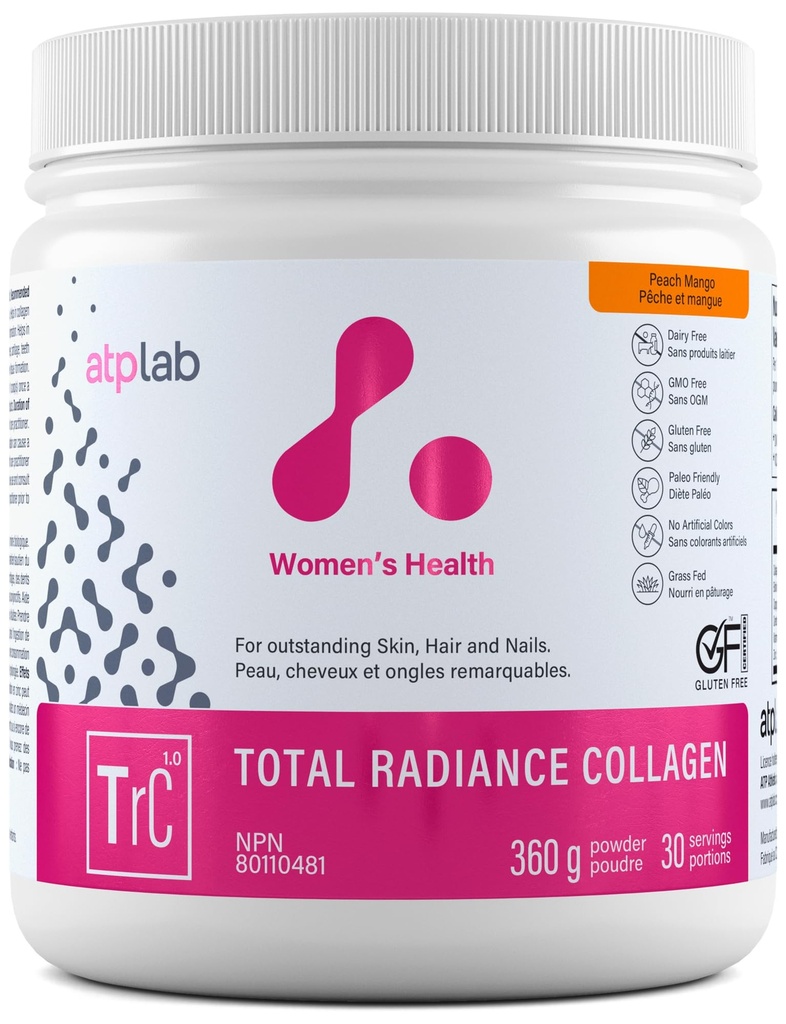 ATP LAB Total Radiance Collagen - Peach Mango Flavor, 360g - Collagen Peptider pulver til kvinder - Hydrolyzed Collagen protein supplement til biotin