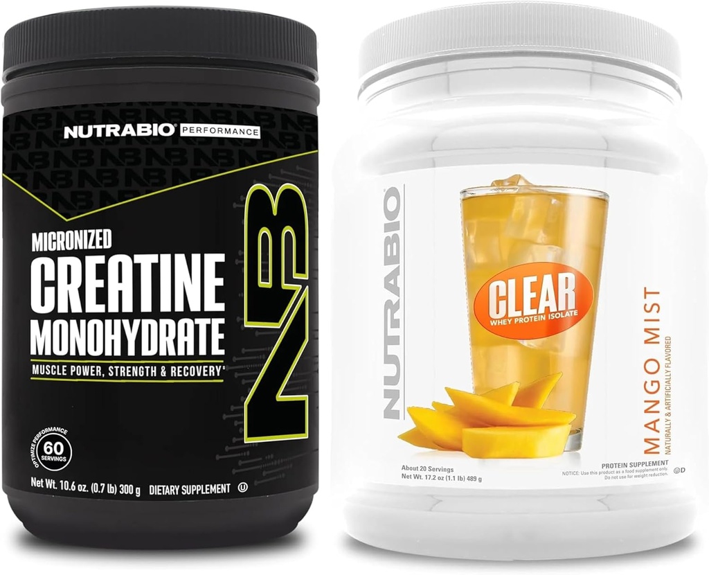 Nutrabio Creatinine monohydrat, Unflavored, (300 g) og Clear Whey Protein Isolate, (Mango Mist) Supplement Bundle - Muskelenergi, maksimal vækst, opsving og styrke