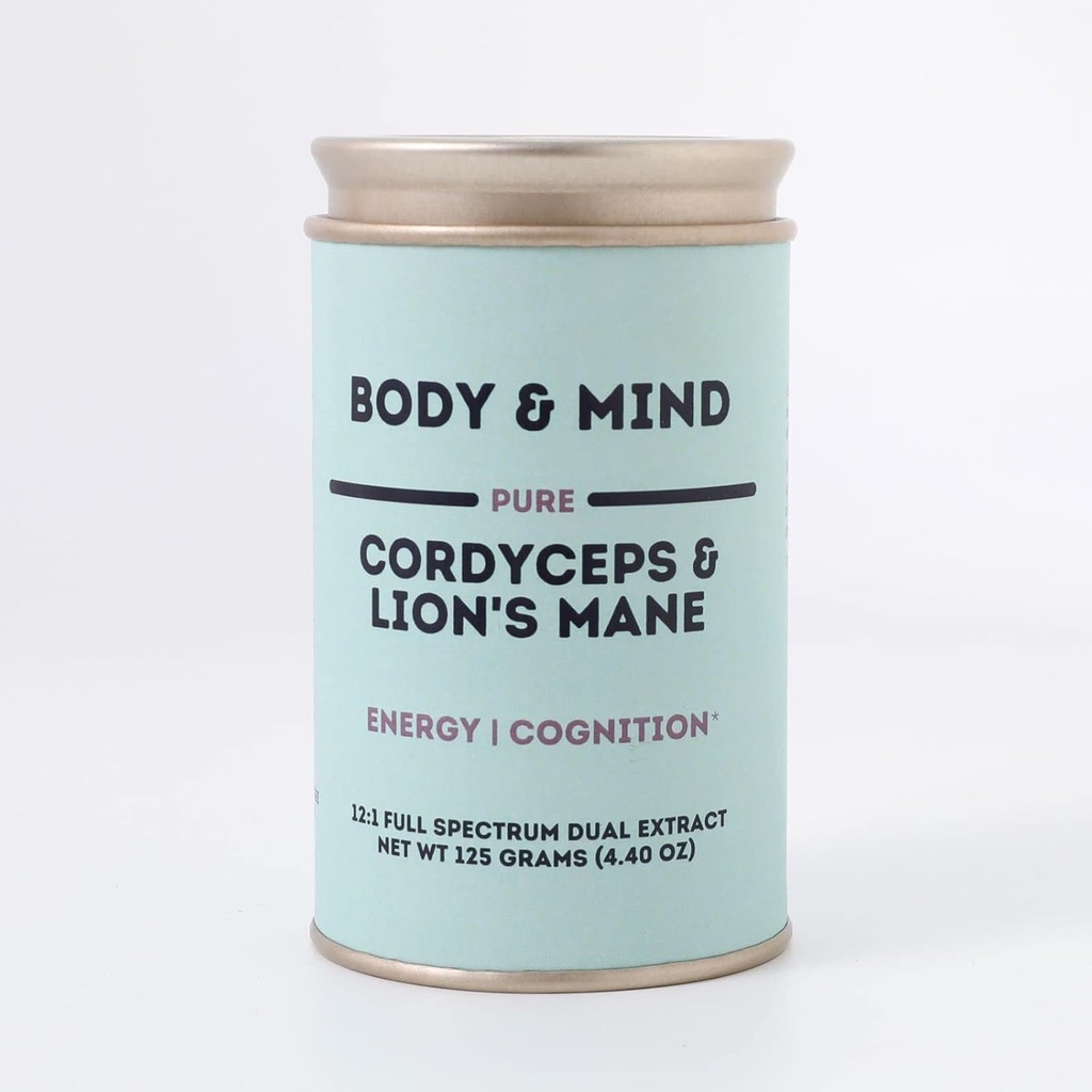 Body & Mind - Pure Organic Lions Mane & Cordyceps Mushrooms 12: 1 Dual Extract - Fokus, Cognition, Energy, Endurance - 100% Fruiting Kroppene - Tilføj til vand / te / kaffe / smoothies - 125 Bedste