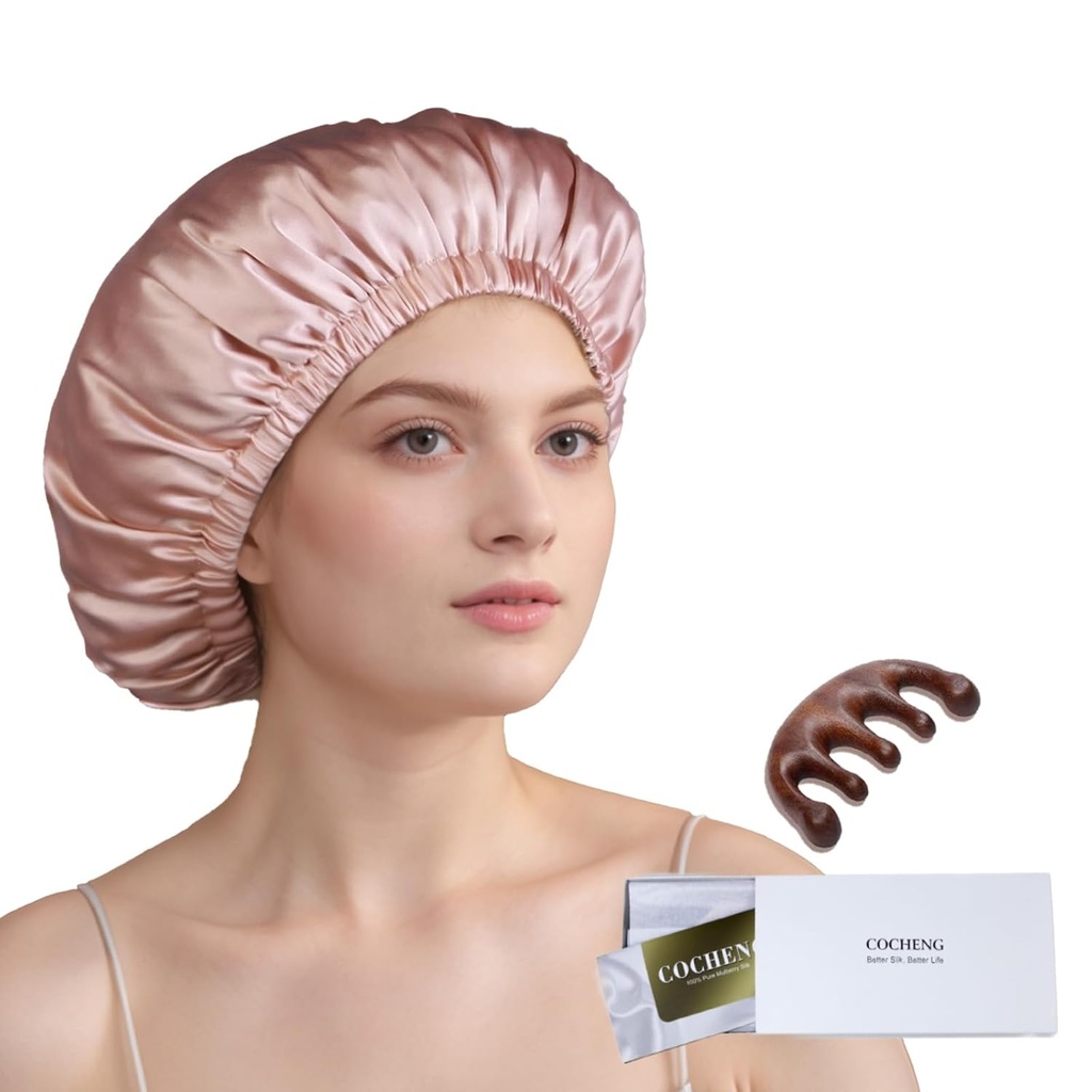 100% Mulberry Silk Bonnet til sovende kvinder lang hår -dobbelt lag sovekap -Silk Sleep Bonnet med Elastisk Stay On Head (Pink, Stor)