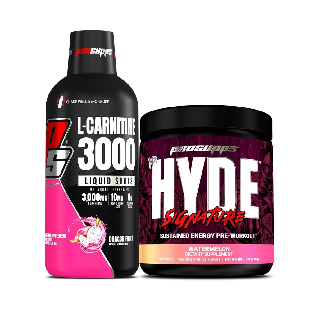 PROSUPPS L- Carnitin 3000 Stimulant Free Liquid Shots (31 Servere, Dragon Fruit) og Mr. Hyde Signature Series Pre- Workout Energy Poweded Drink (30 Servere, Vandmelon) Bundle
