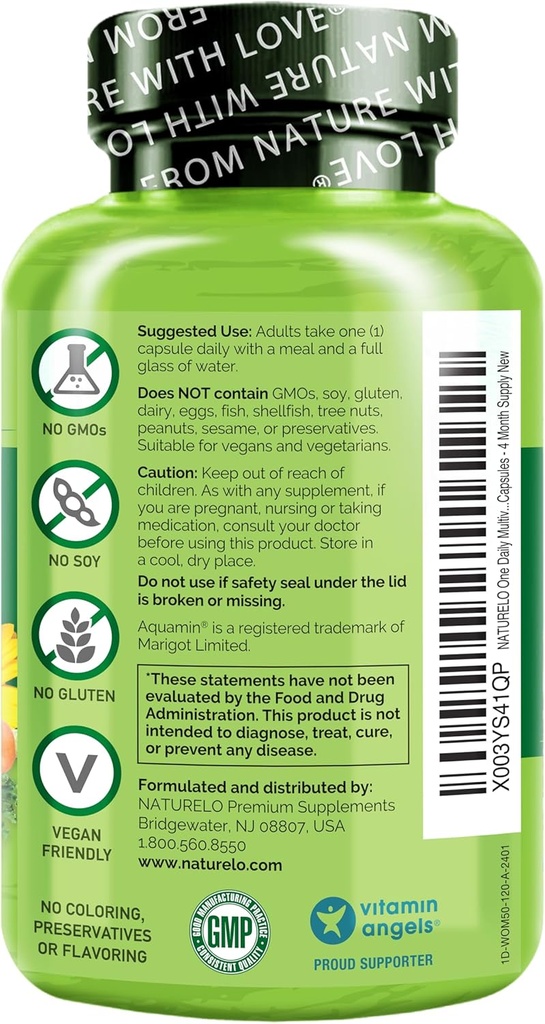 NATURELO One Daily Multivitamin for Women 50+ (Iron Free) - Menopause Support for Women Over 50 - Whole Food Supplement - Non-GMO - No Soy - 120 Capsules - 4 Month Supply