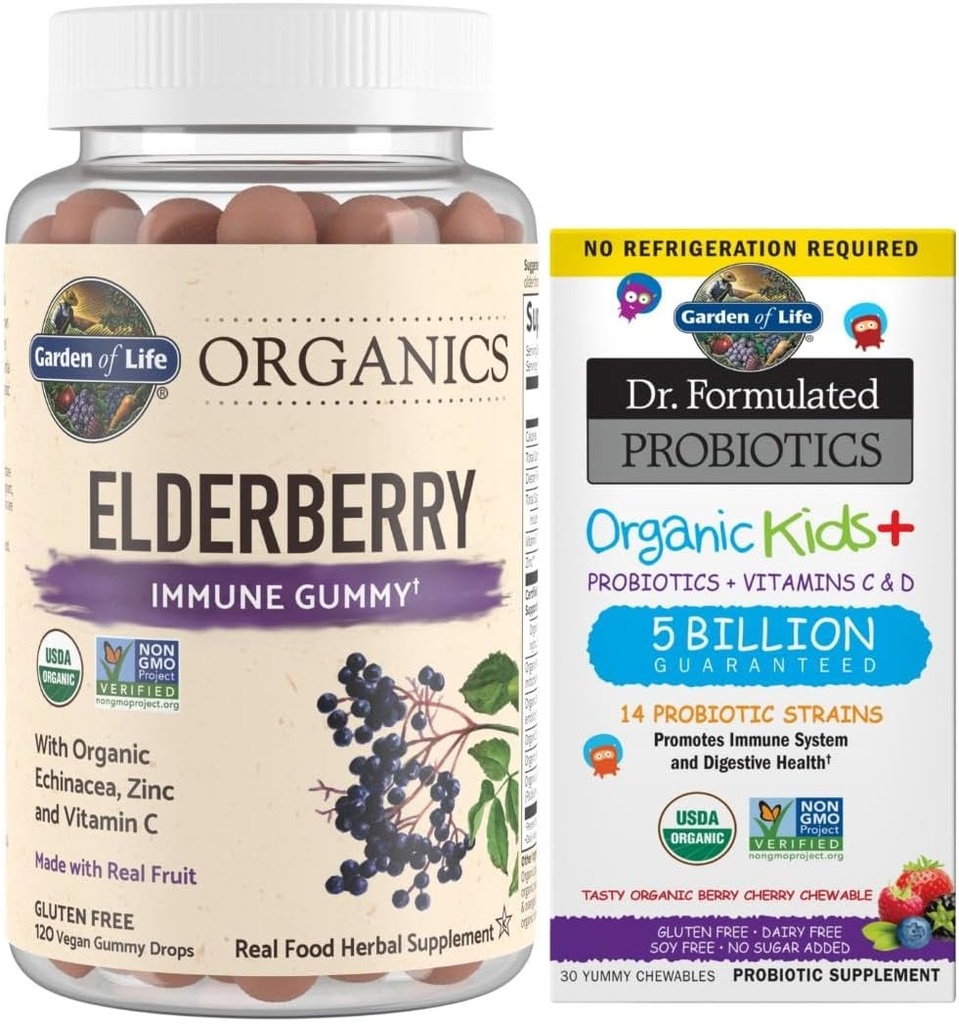 Livets have Organics Elderberry Gummies til voksne & Børn - Immunsupport & Dr. Formulerede Probiotika Organiske Kids + Plus C-vitamin & D - Berry Cherry