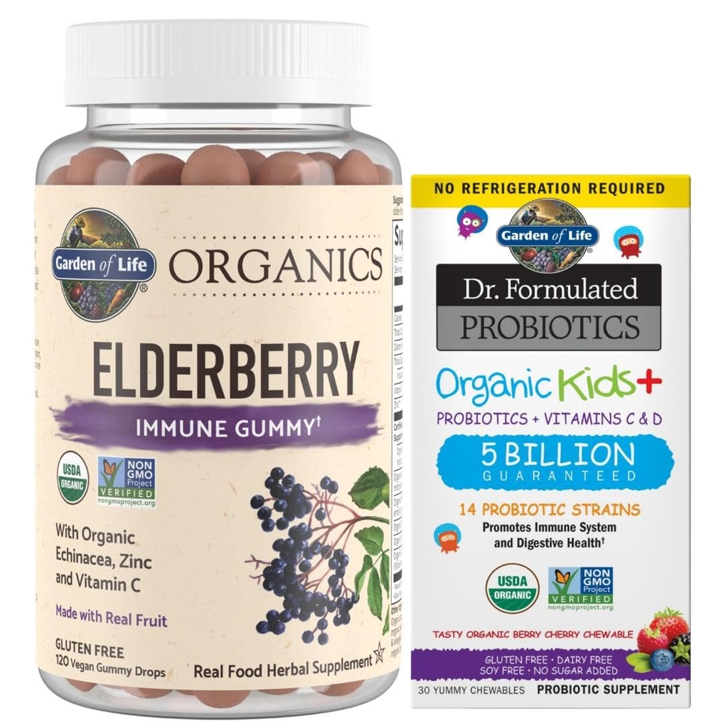Livets have Organics Elderberry Gummies til voksne & Børn - Immunsupport & Dr. Formulerede Probiotika Organiske Kids + Plus C-vitamin & D - Berry Cherry