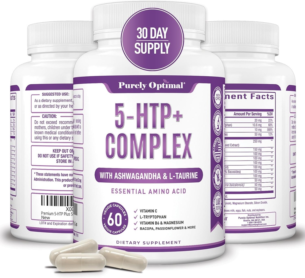 Premium 5- HTP Plus Supplement 250 mg maksimal styrke - Søvnhjælp, Mood Boost, fremmer rolig & afslapning, Stress Management Support - Forbedret med B6-vitamin, Gluten Free, Non- GMO, 60 Veggie Caps