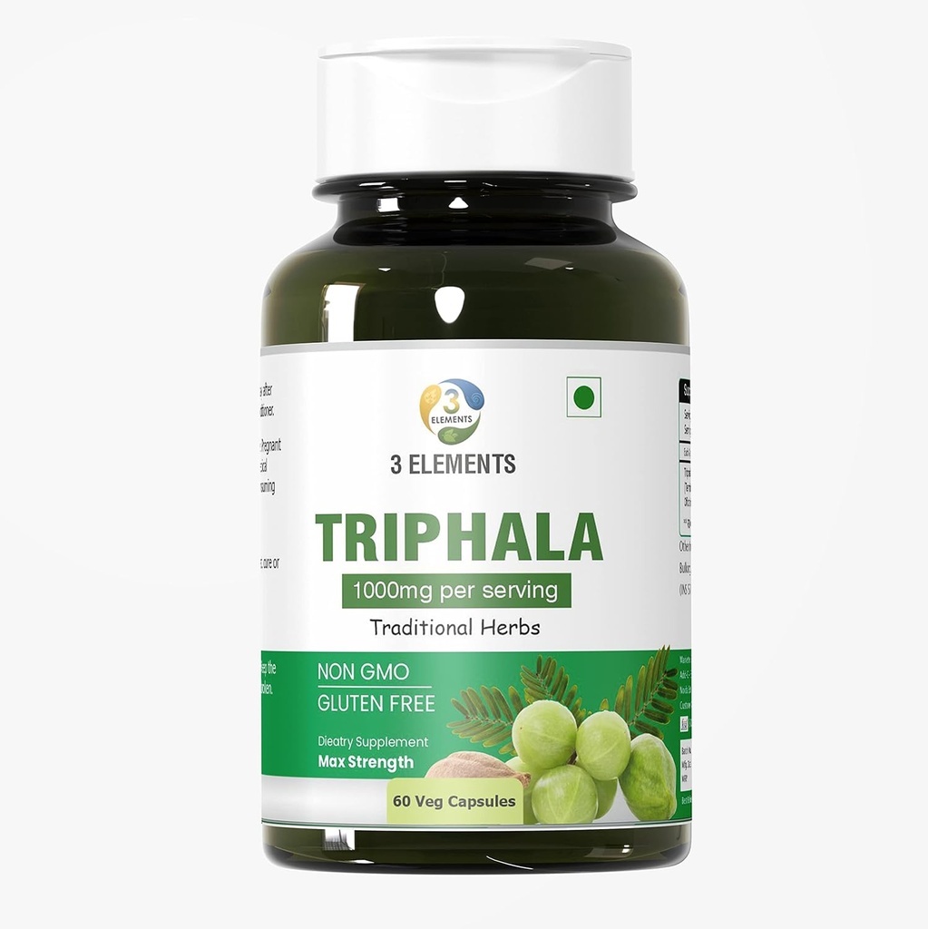 3elementer Triphala 1000mg I 60 kapsler til daglig afgiftning, rensning, og foryngende, fordøjelse & kolon support, immunsystem support, adaptogen, næringsstof dense, Vegan, Gluten- Free