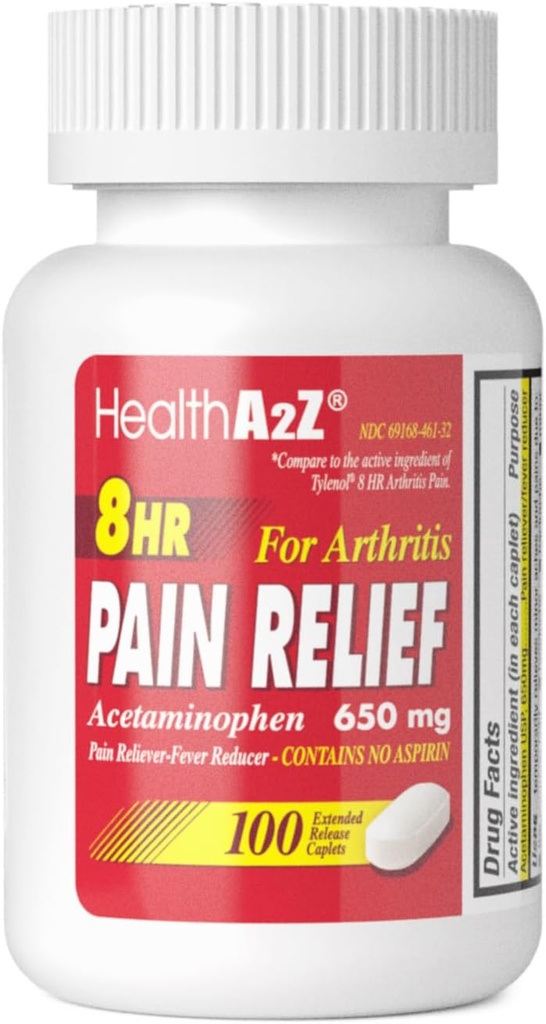 HealthA2Z® Pain Relief Extended Release | Acetaminophen 650mg | 8 Hours | Arthiritis Pain | Pain Reliever - Fever Reducer | Contains no Aspirin (100 Count)