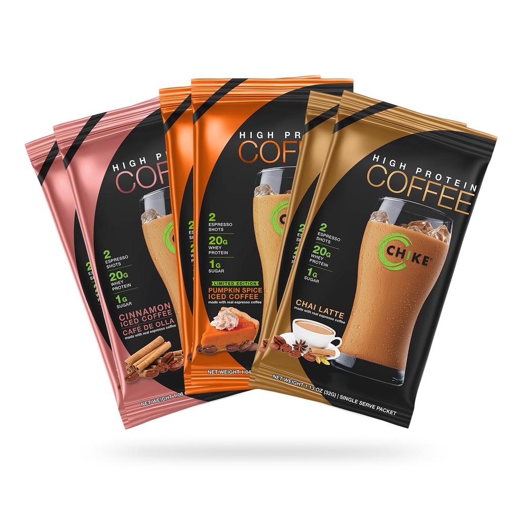 Chike Autumn Spice High Protein Iced Coffee Sampler Pack, 20 G Protein, 2 Shots Espresso, 1 G Sukker, Keto Friendly og Gluten Free, 6 Single Serve Packets