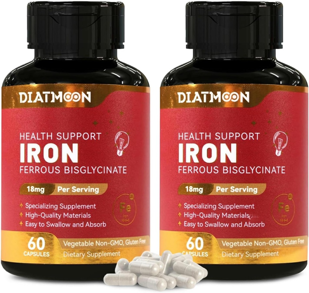 2 Pack Iron Supplement - Meget Absorberbare Iron Bisglycinate kapsler til voksne, 120- Day Supply, Vegan, Non- GMO, Gluten- Free, Understøtter Energi & Samlet velvære